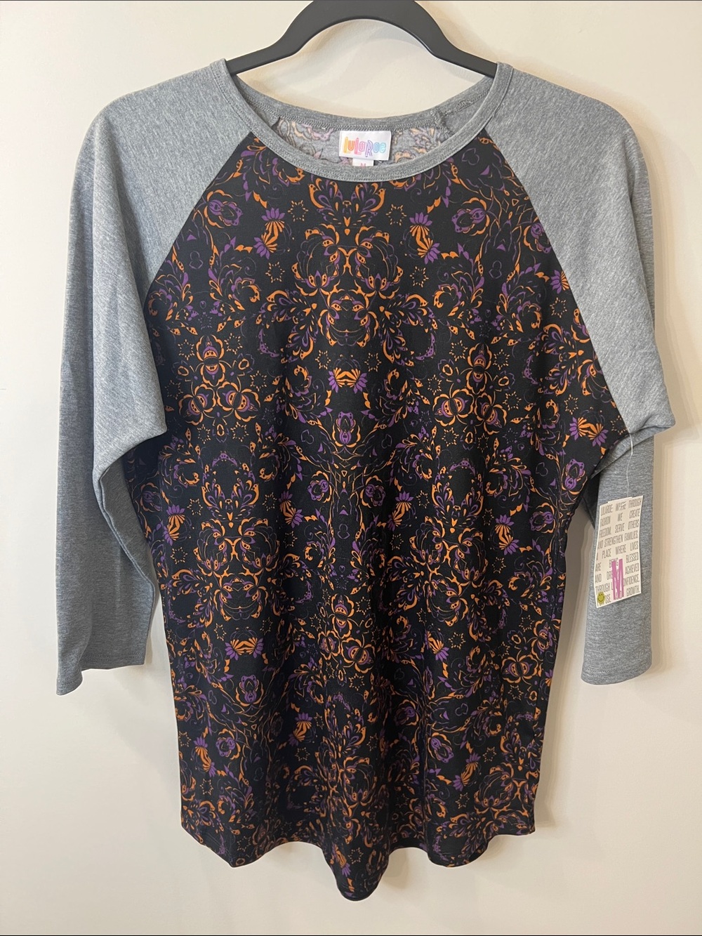 LuLaRoe Randy 3/4 Sleeve Top with Purple and Orange Floral Pattern